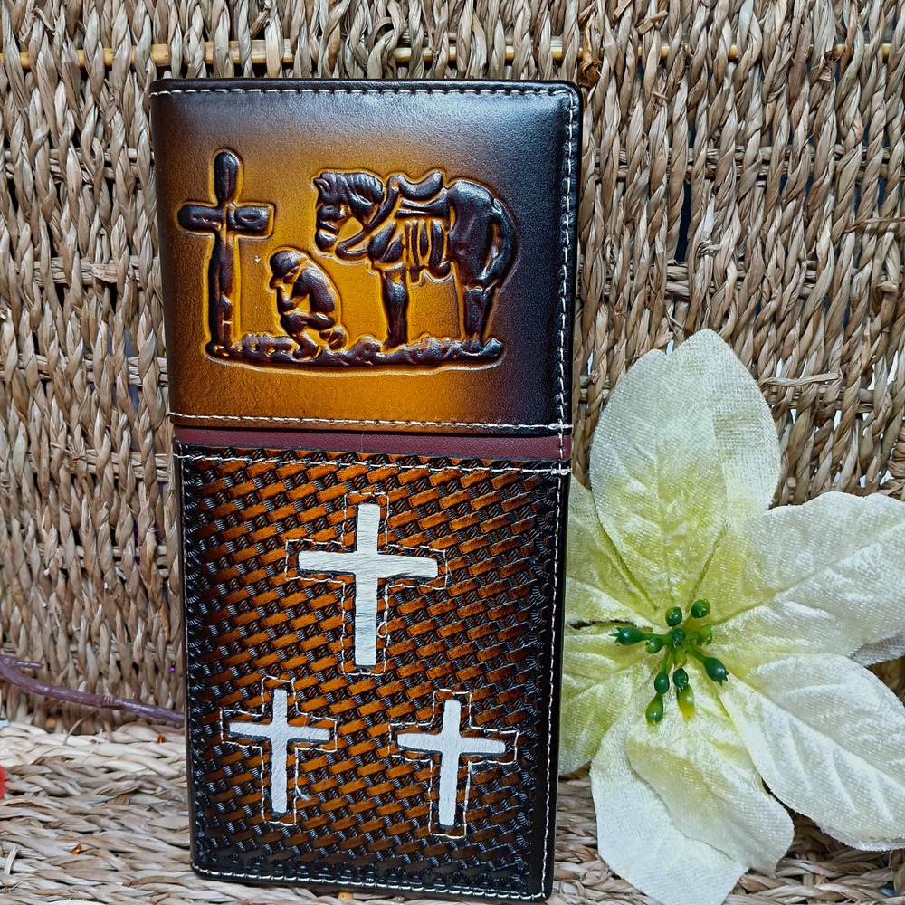 Praying Cowboy western wallet Brown Bifold Embossed Genuine leather cowhide